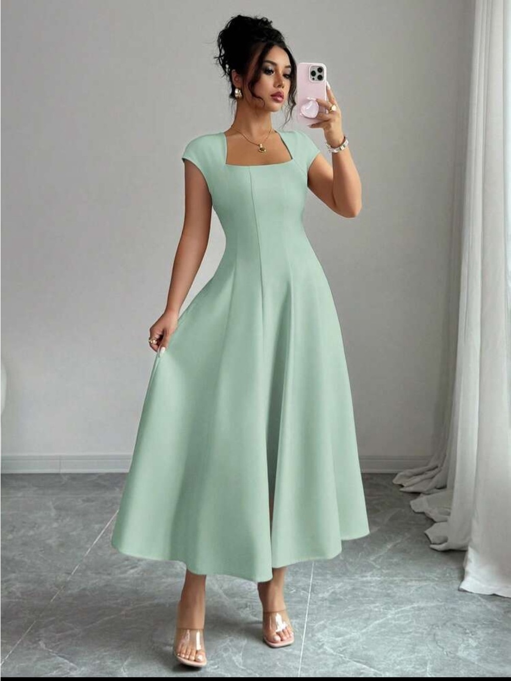 Mint Green Square-Neck Midi Dress